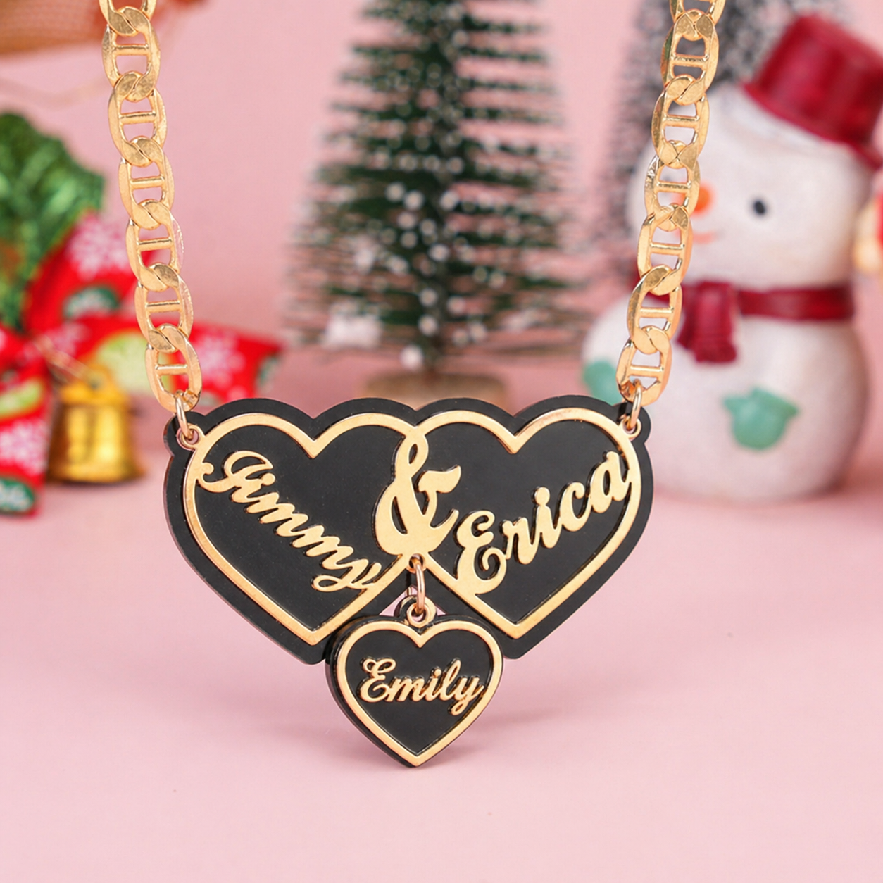 Acrylic Hearts Three Names Necklace Personalized Custom Name Necklace Family Necklace