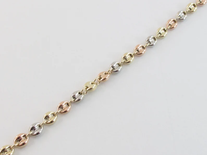 Tri-Color Gold Plated Puffed Mariner Link Bracelet