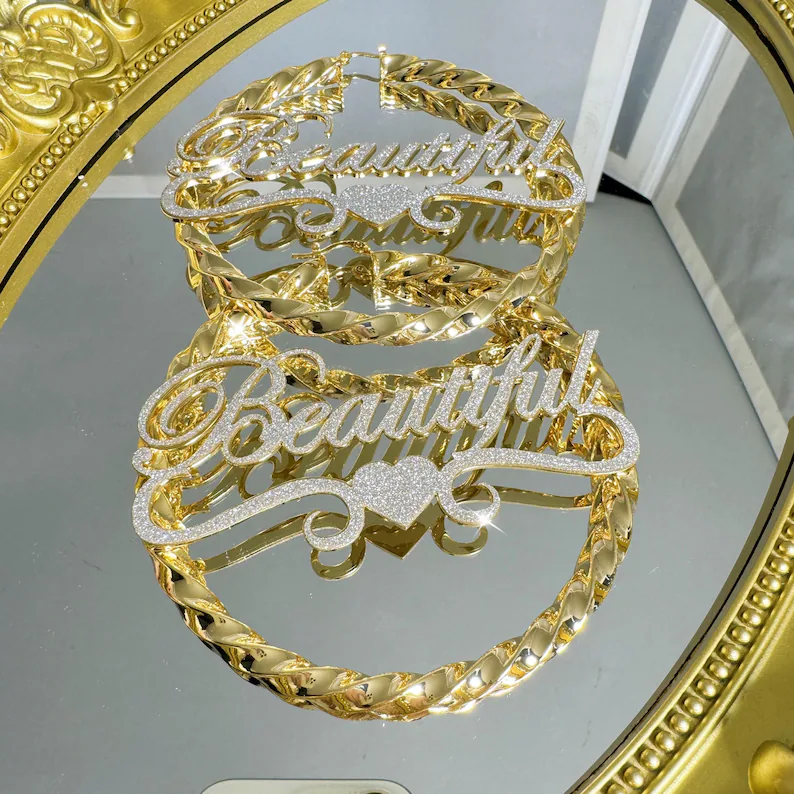 Shiny Bling Name Earrings Love Heart Personalized Name Twist Hoop Earrings