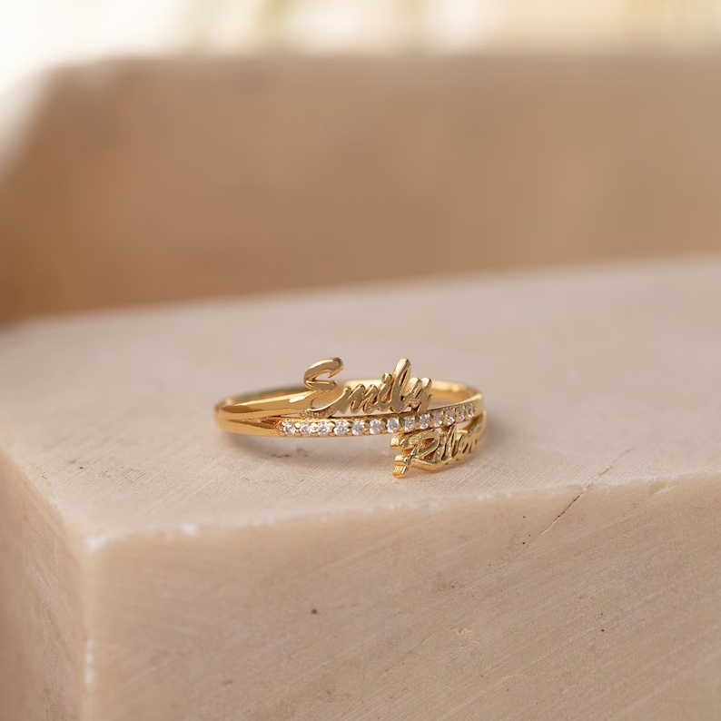 Custom Gold Plated 2 Names Ring Personalized Diamond Name Ring