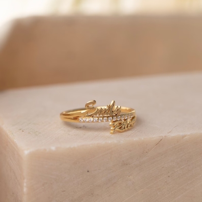 Custom Gold Plated 2 Names Ring Personalized Diamond Name Ring