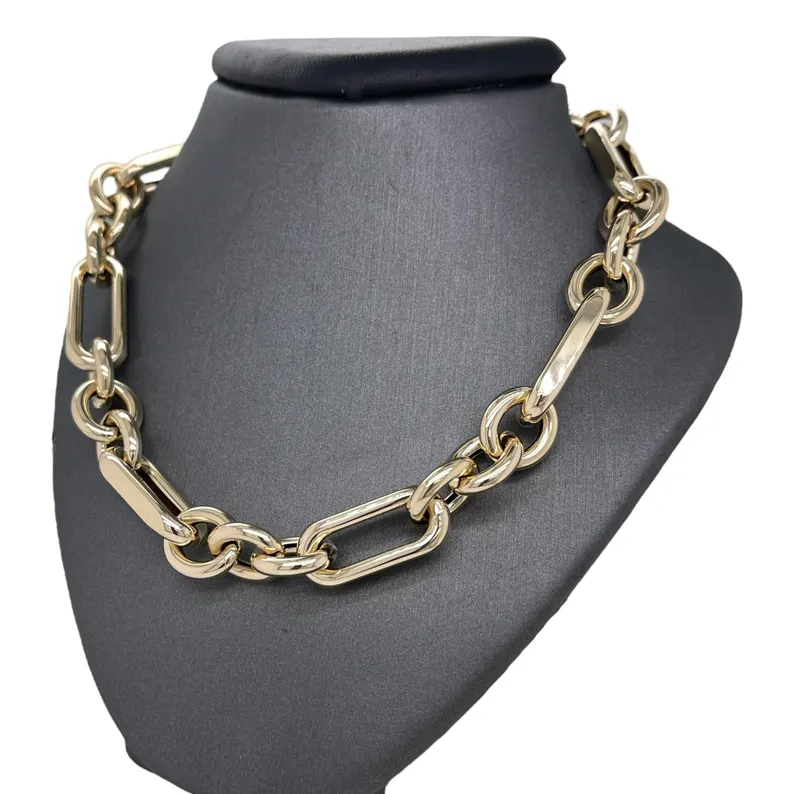 14k Gold Plated Italian Mixed Trombone Chunky Link Chain Necklace