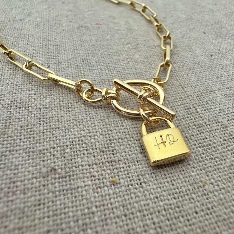 Chunky Personalized Engraved Initial  Padlock Pendant Necklace Custom Name Necklace