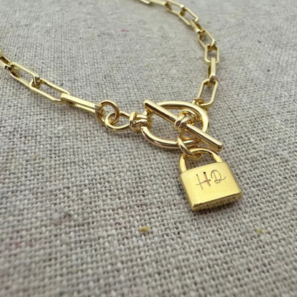 Chunky Personalized Engraved Initial  Padlock Pendant Necklace Custom Name Necklace