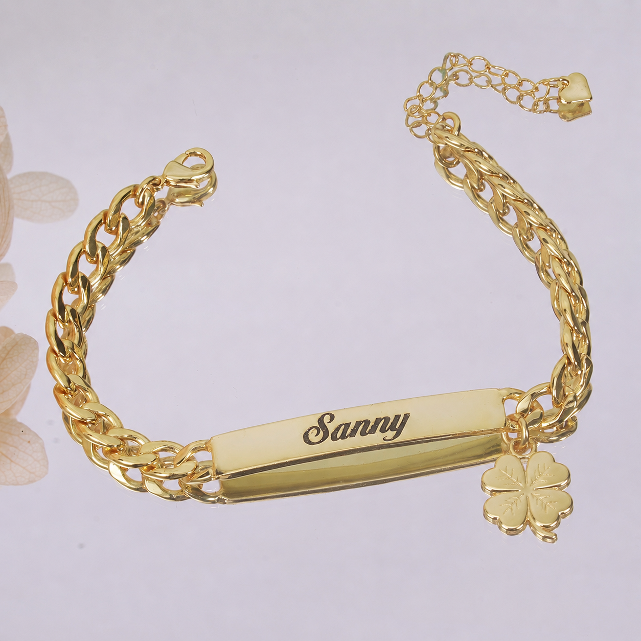 Personalized Gold Plated Name Bracelet with Four Leaf Clover Engraved Bar Bracelet