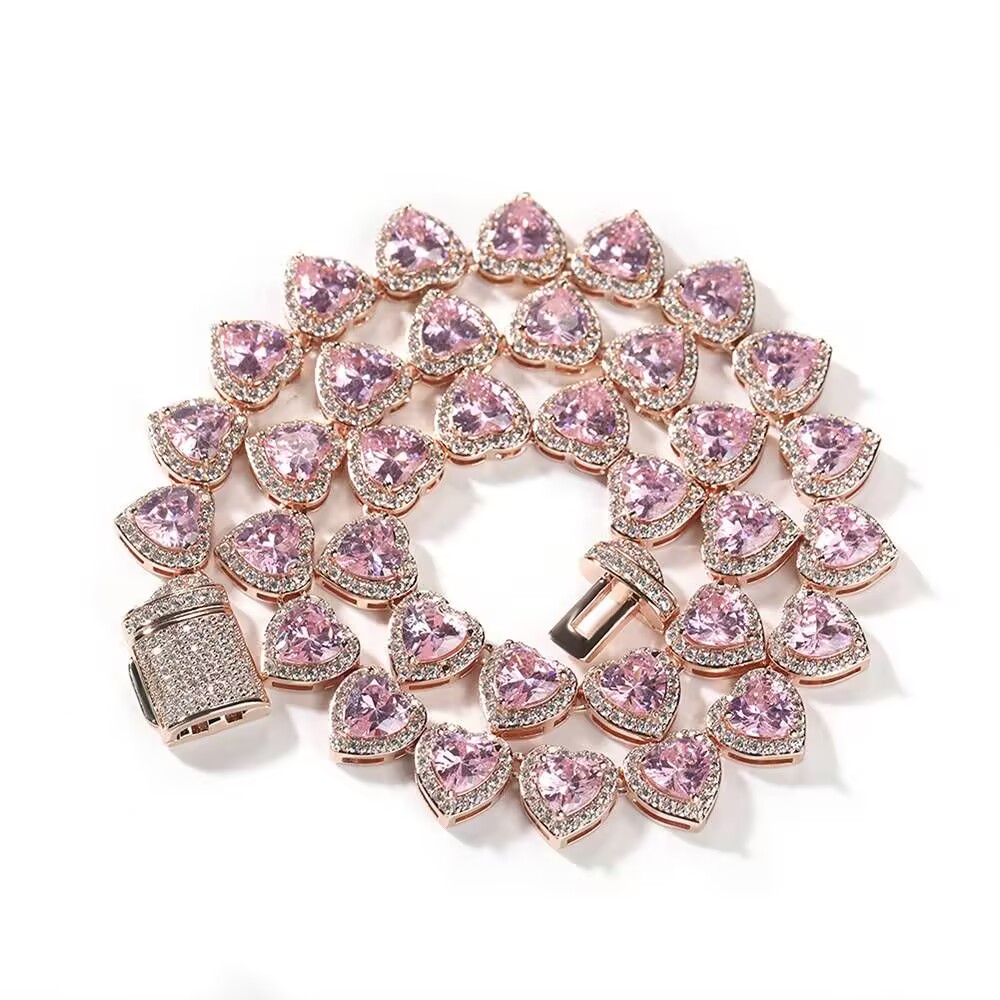10mm Pink Heart Shaped Zircon Chain Gold Plated Necklace Hip Hop Style Jewelry