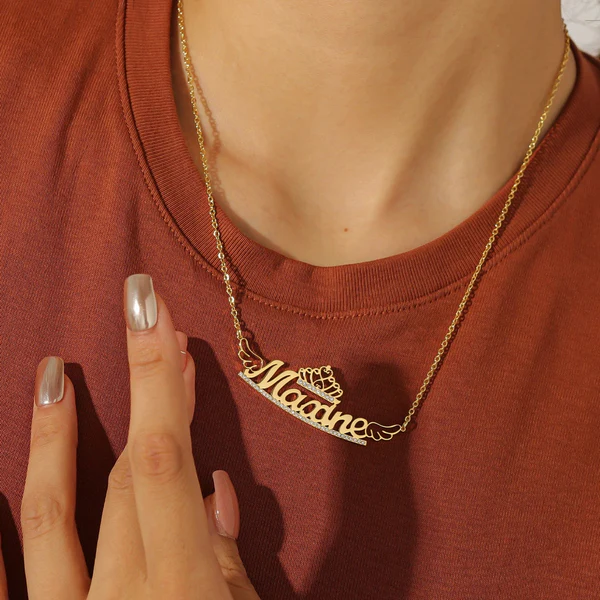 Personalized Crown Name Necklace With Wings