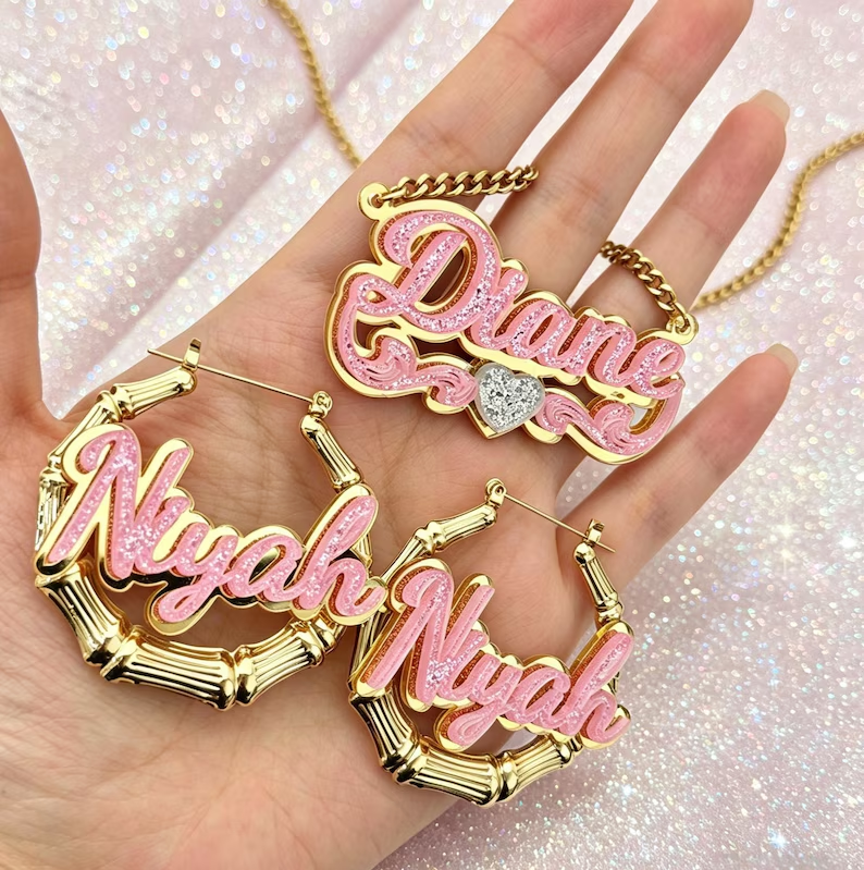 Personalized Pink Acrylic Name Jewelry Set Custom Name Necklace and Bamboo Name Earrings