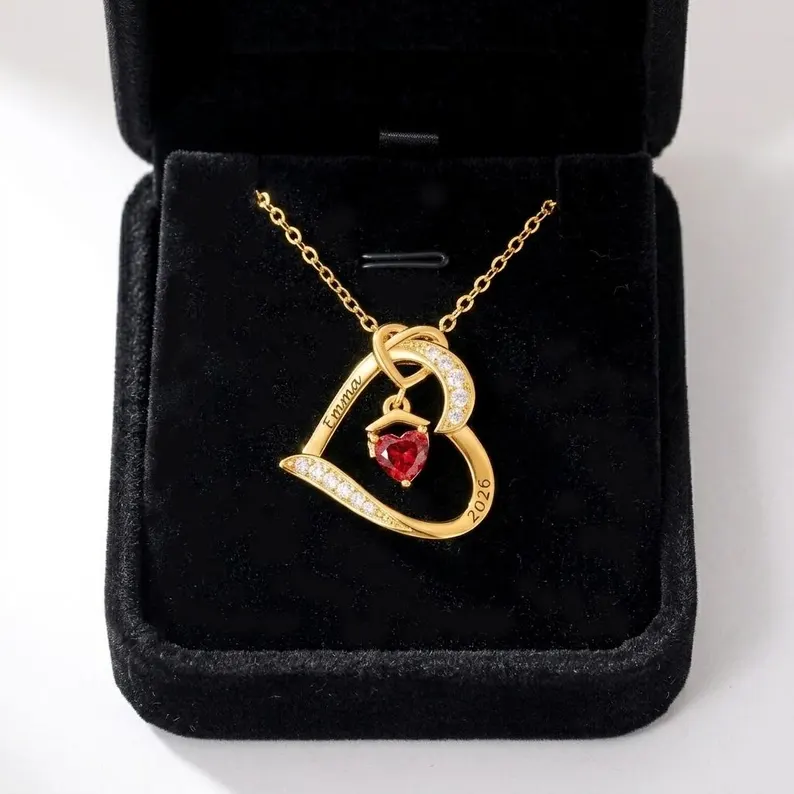 Custom Love Heart Pendant Necklace Engraved Name Necklace with Birthstone