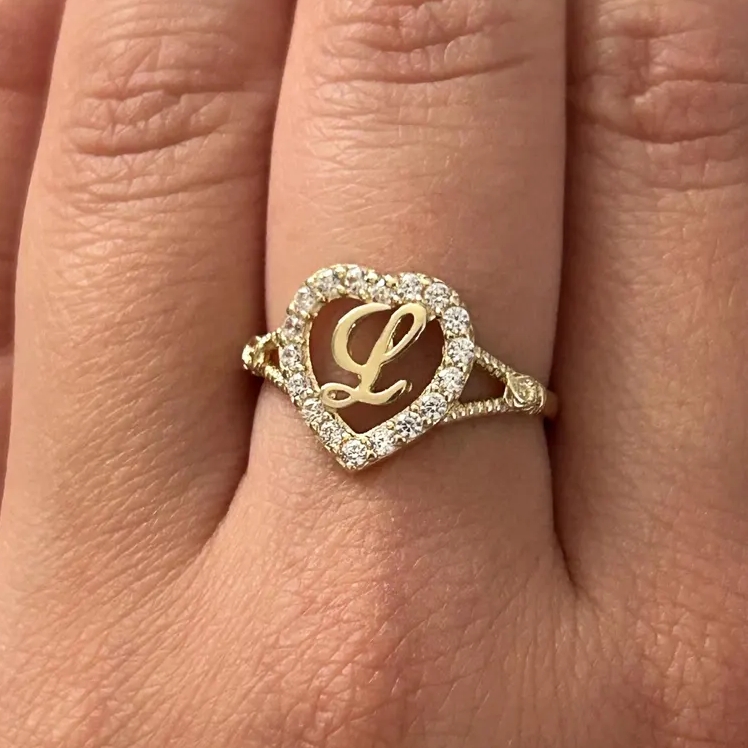 Personalized Heat Initial Ring Custom Zircon Cursive Initial Letter Ri