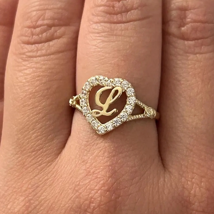 Personalized Heat Initial Ring Custom Zircon Cursive Initial Letter Ri