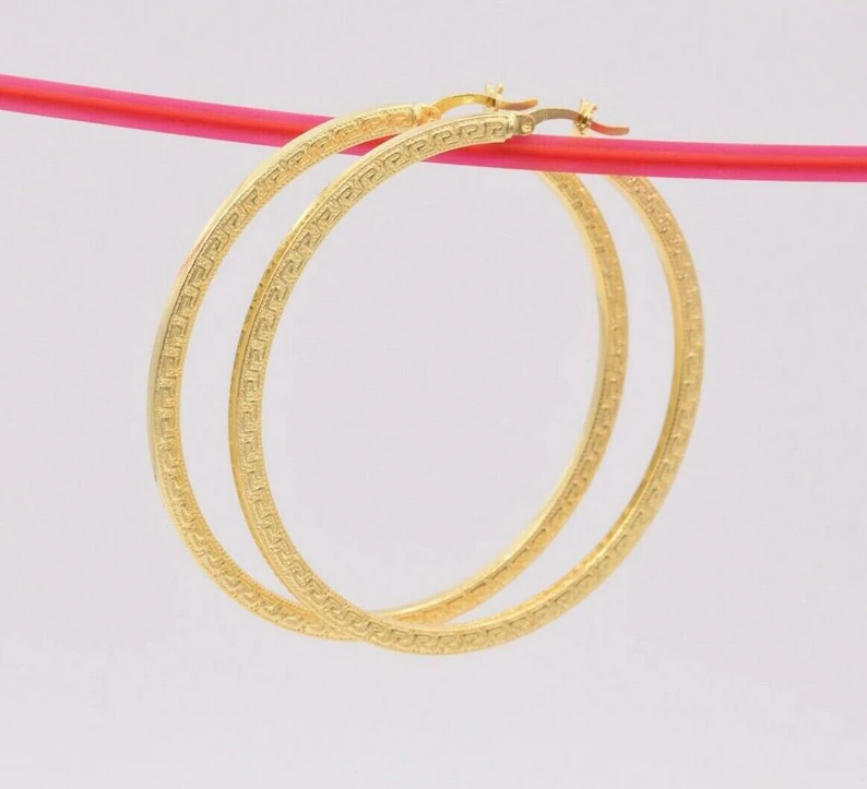 Gold Plated Hoop Earrings Flat Greek Key Motif Hoop Earrings