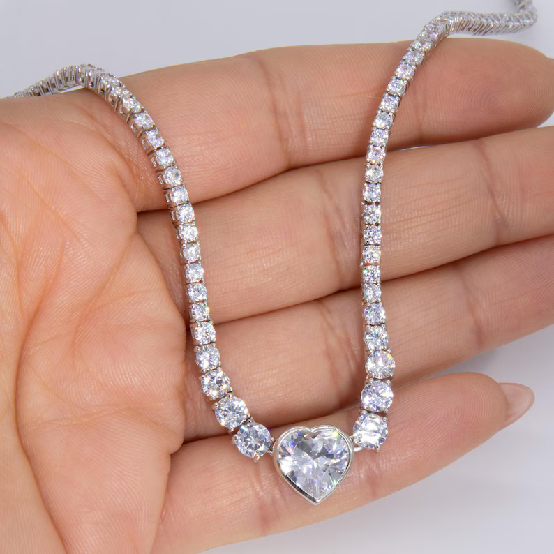 Round CZ Tennis Chain Heart Pendant Necklace