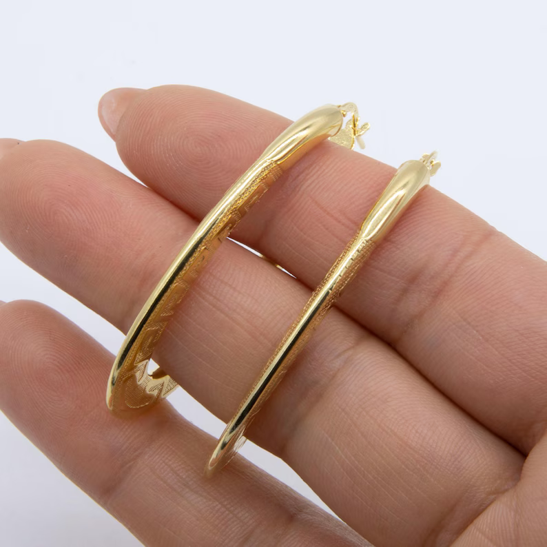 Gold Plated Oval Greek Key Hoop Earrings