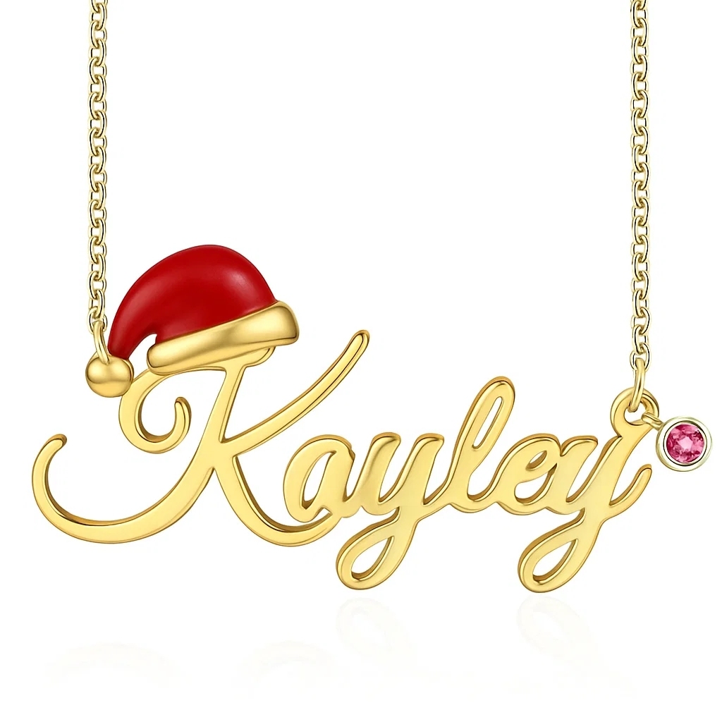 Santa Hat Nameplate Personalized Custom Birthstone Name Necklace Christmas Gift