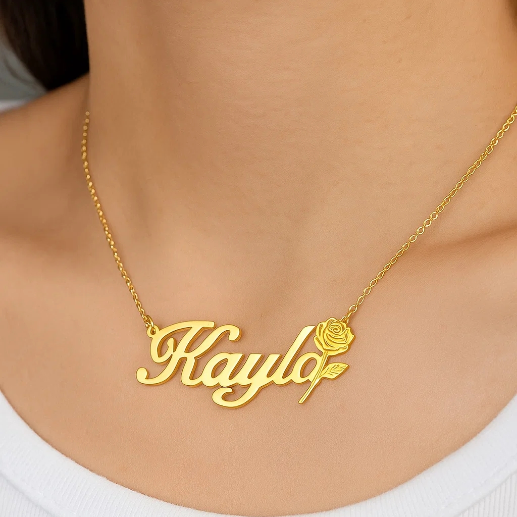 Gold Plated Elegant Rose Nameplate Pendant Personalized Name Necklace