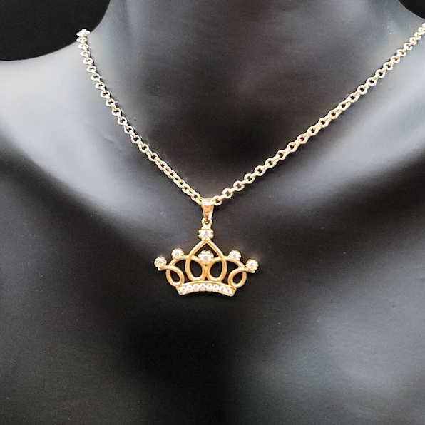 14K Gold Plated Diamond Cut Crown Pendant Necklace