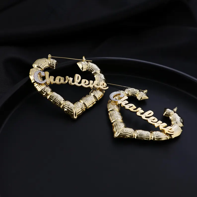Heart Shaped Bamboo Earrings Personalized Custom Two Tone Name Earrings