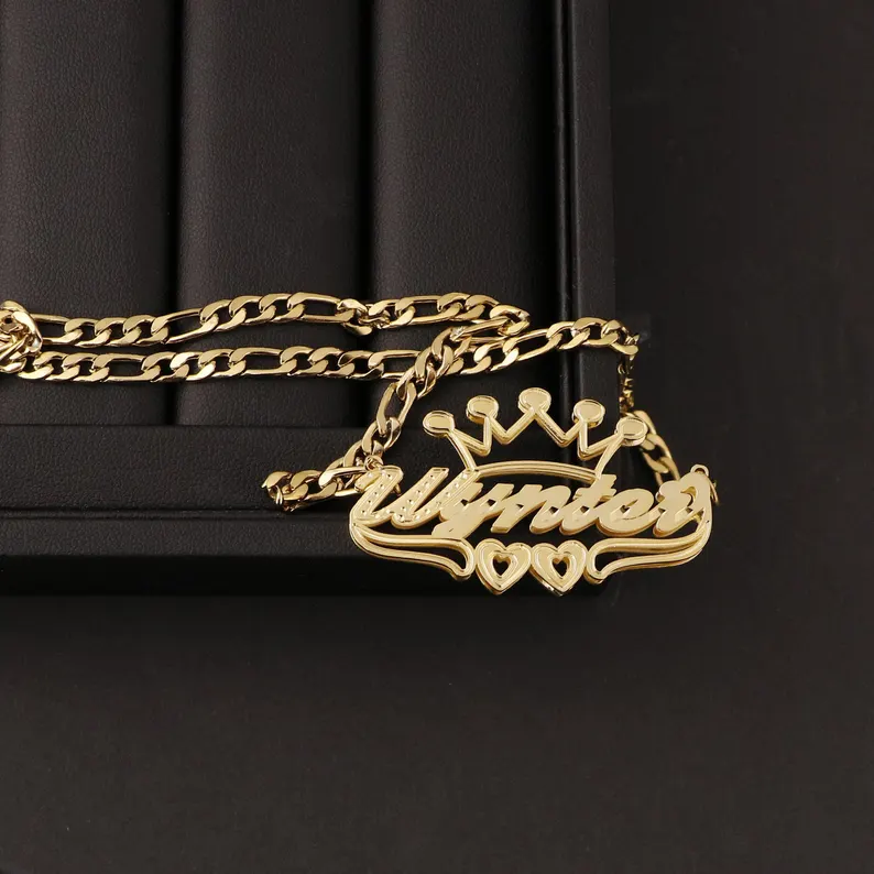 Double Layer Double Heart Crown Nameplate Necklace Personalized Gold Plated Name Necklace