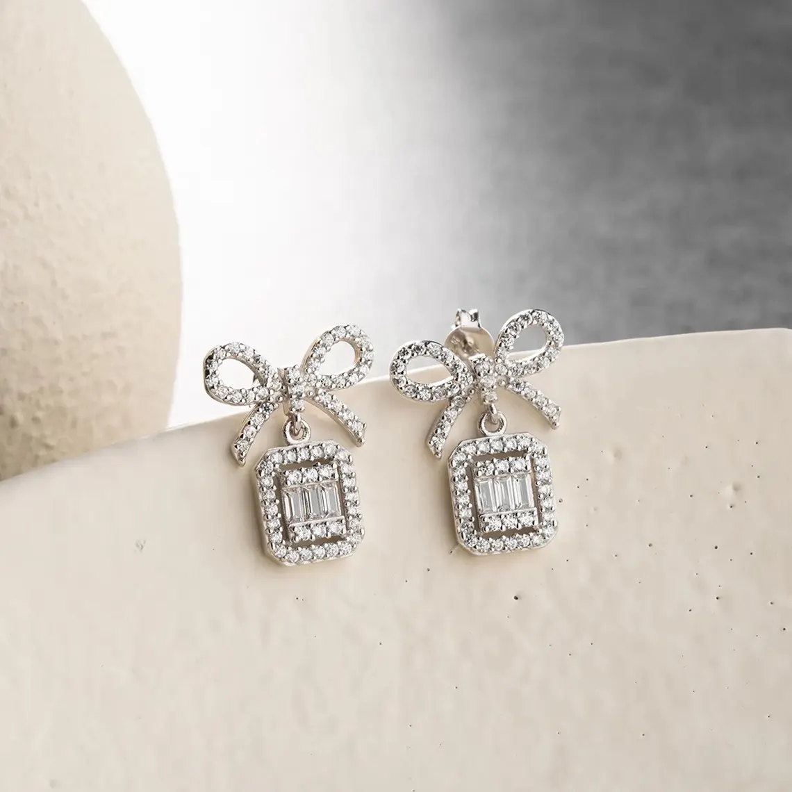 Shiny Bow Earrings CZ Studs Earrings 