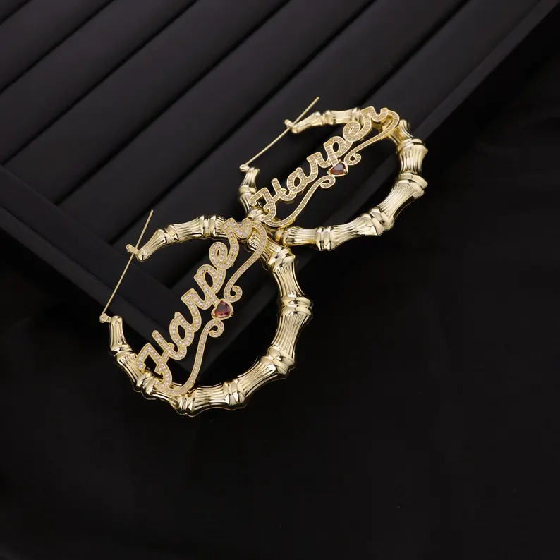 Personalized Birthstone Bamboo Earrings Custom Name Earrings with Heart