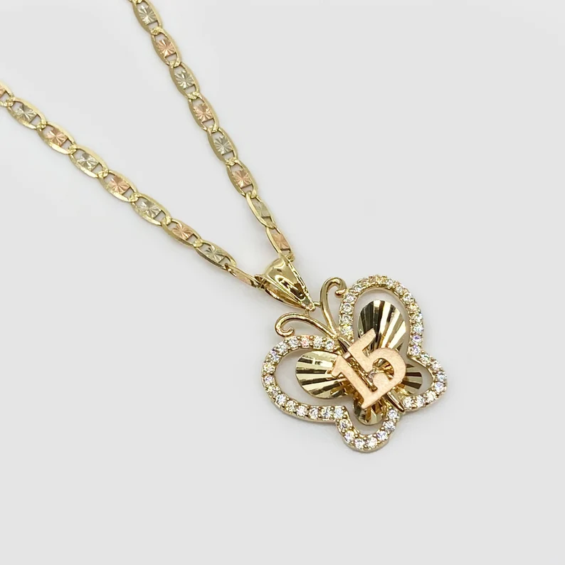 Shiny CZ Butterfly Necklace Number Necklace with Tricolor Chain