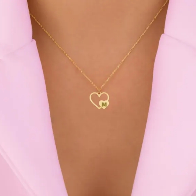 Gold Plated Personalized Double Hearts Initial letter Necklace 