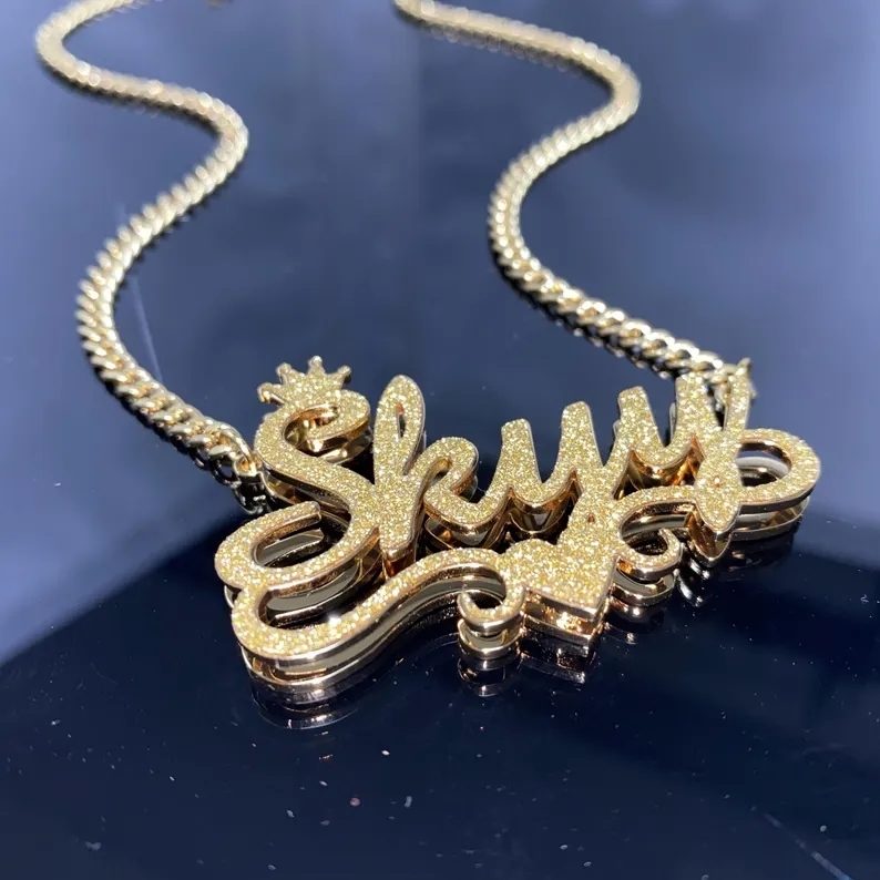 Custom Shiny Bling Nameplate Crown Name Necklace with Heart