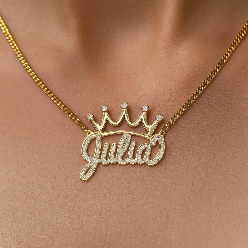 Shiny Crown Nameplate Pendant Two Tone Double Layer Custom Name Necklace