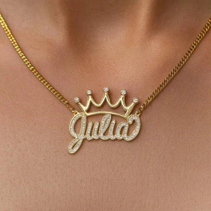 Shiny Crown Nameplate Pendant Two Tone Double Layer Custom Name Necklace