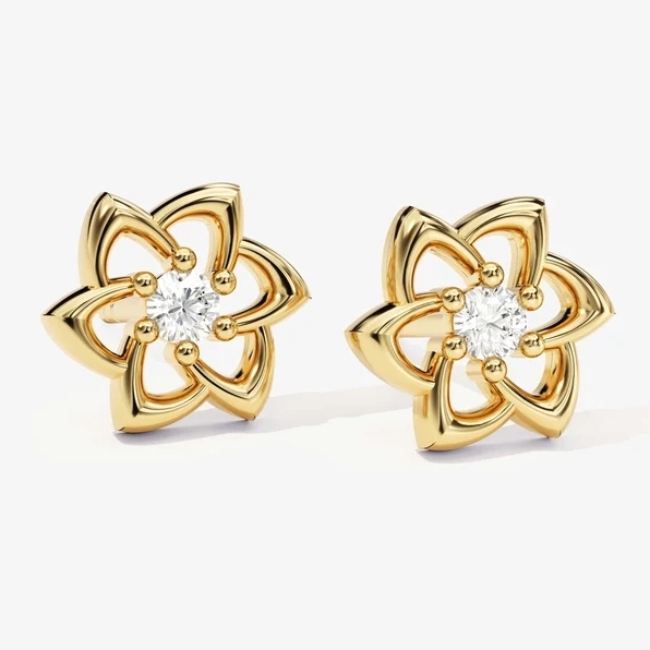 Gold Plated Flower Earrings Stud Earrings with Diamond
