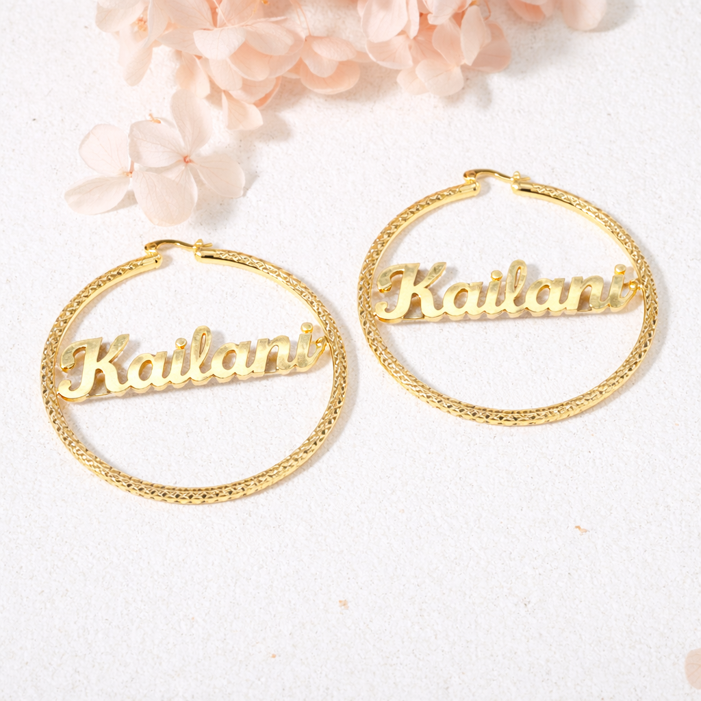 Gold Plated Diamond Cut Name Earrings Personalized Custom Hoop Earrings