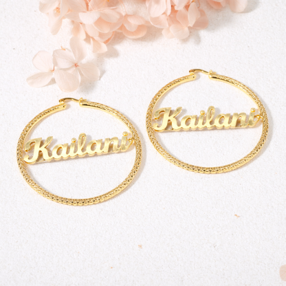 Gold Plated Diamond Cut Name Earrings Personalized Custom Hoop Earrings