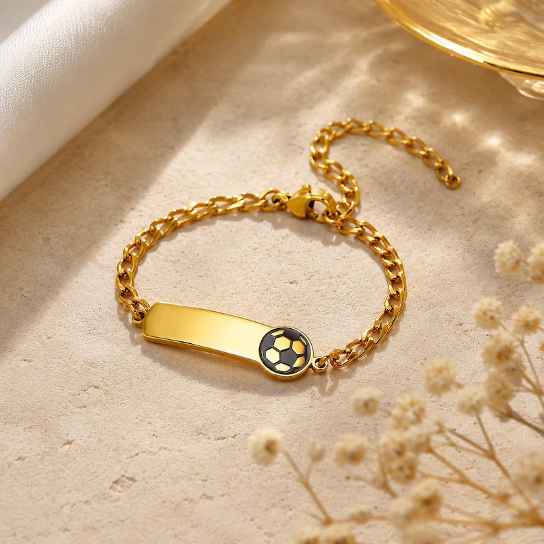 Gold Plated Custom Football Name Bracelet Engraved Bar Bracelet
