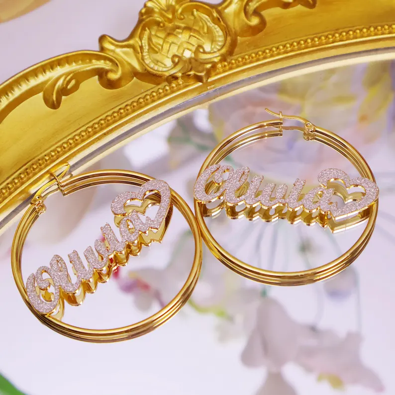 Shiny Name Hoop Earrings Personalized Gold Plated Name Earrings with Heart