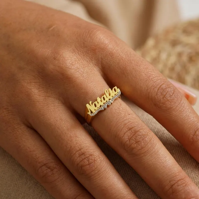 Gold Plated Double Hearts Name Ring Personalized Custom Name Ring