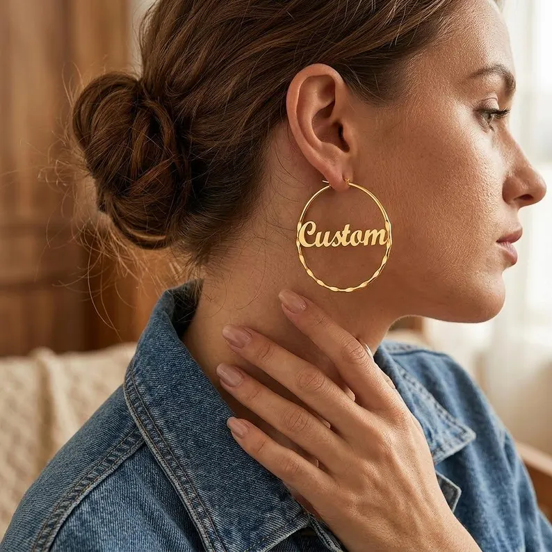 Personalized Name Hoop Earrings Gold Plated Custom Name Earrings 