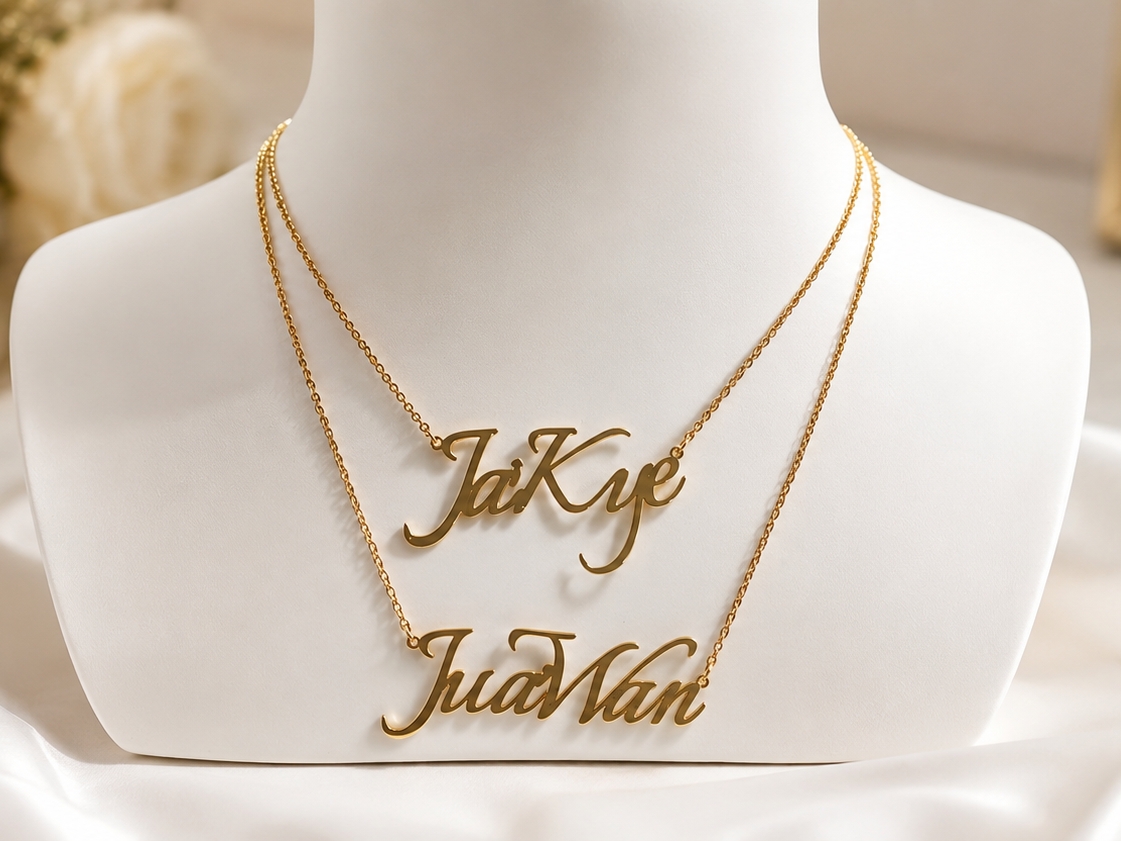 Large Custom Nameplate Pendant Necklace Gold Plated Double Layers Two Names Necklace