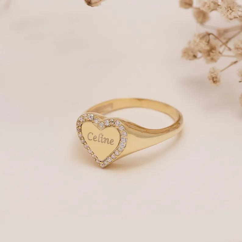 Gold Plated CZ Heart Ring Personalized Engraved Name Ring