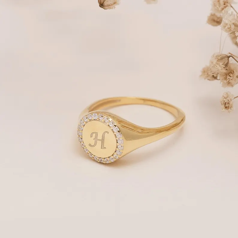 Gold Plated CZ Initial Ring Personalized Engraved Initial Ring