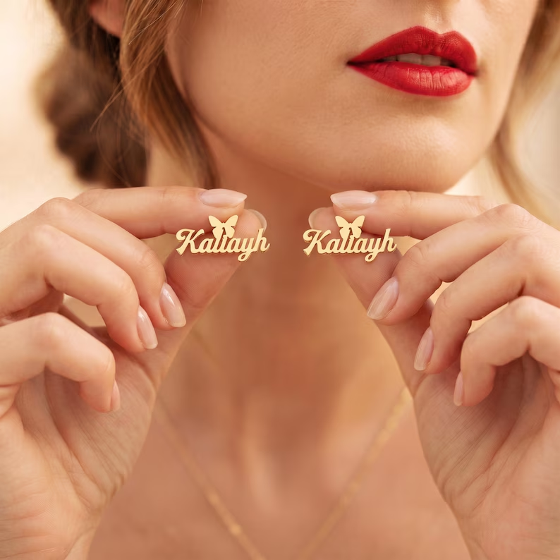 Personalized Butterfly Name Earrings Gold Plated Studs Earrings 