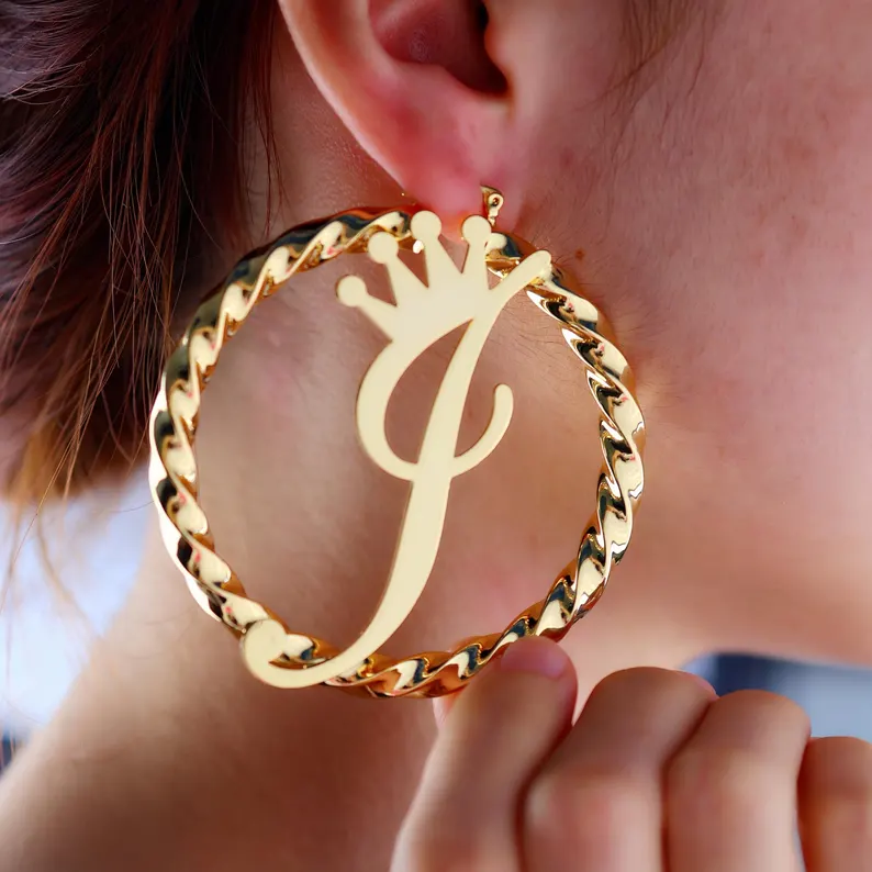 Personalized Crown Initial Earrings Gold Plated Twist Hoop Earrings 