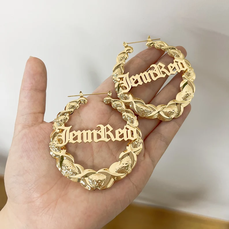 Personalized Old English Font Nameplate Earrings Gold Plated XO Bamboo Hoop Earrings 