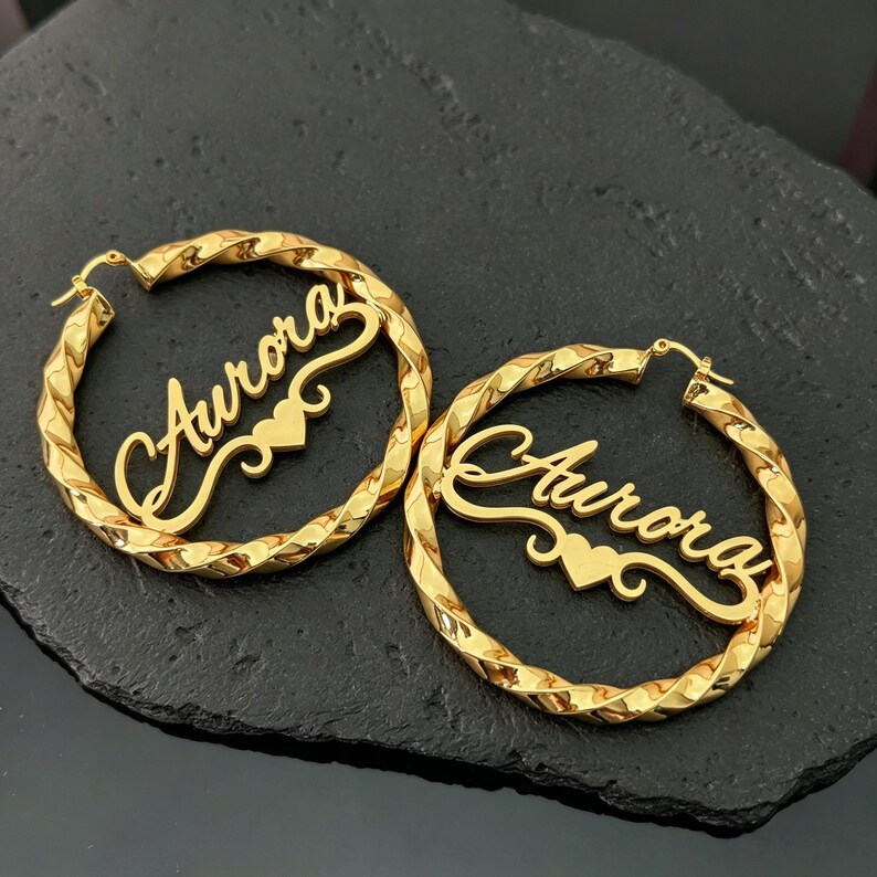 70mm Heart Nameplate Earrings Gold Plated Personalized Twist Hoop Name Earrings 