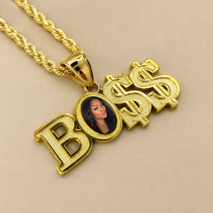 Gold Plated BOSS Charm Personalized Custom Photo Pendant Necklace