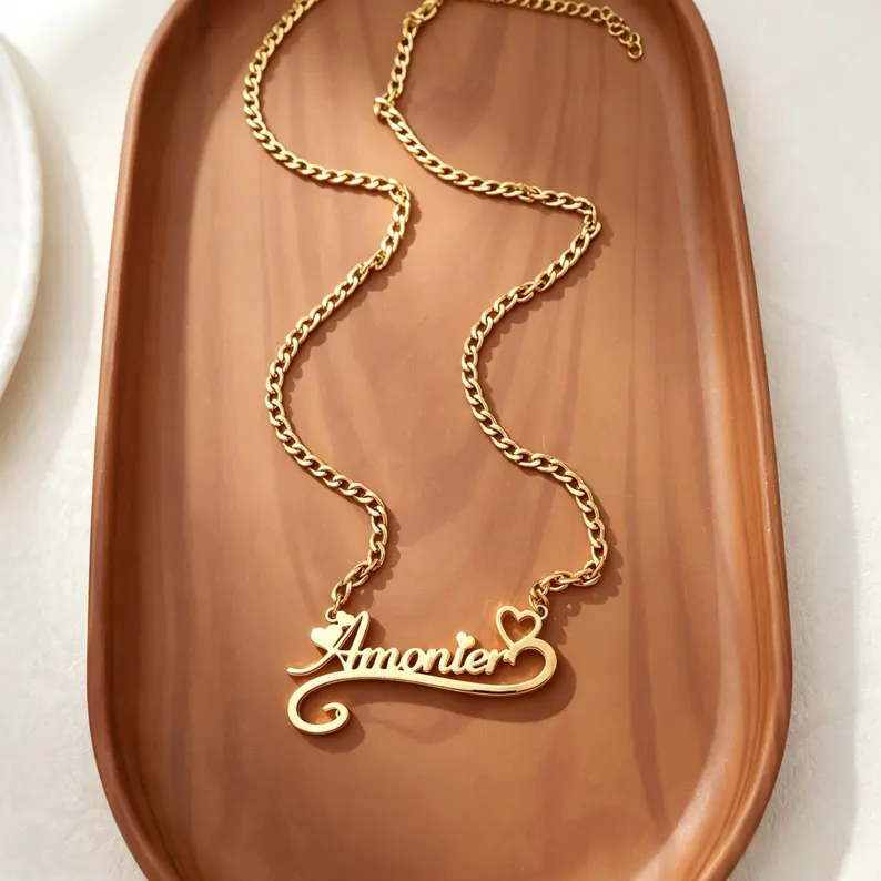 Gold Plated Custom Heart Name Necklace Personalized Doule Plated Name Necklace