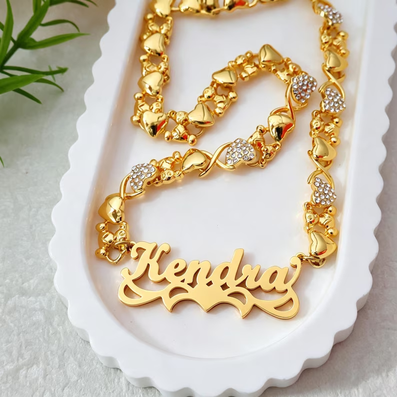 Teddy XOXO Chain Custom Heart Name Necklace Gold Plated Double Plated Name Necklace