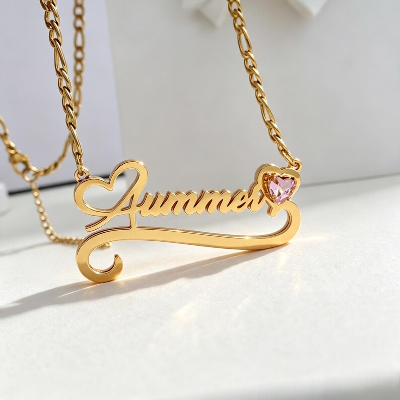 Gold Plated Custom Birthstone Heart Name Necklace