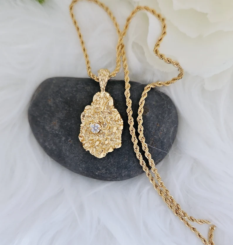 14k Gold Plated Nugget Vintage Charm Pendant CZ Stone Necklace 