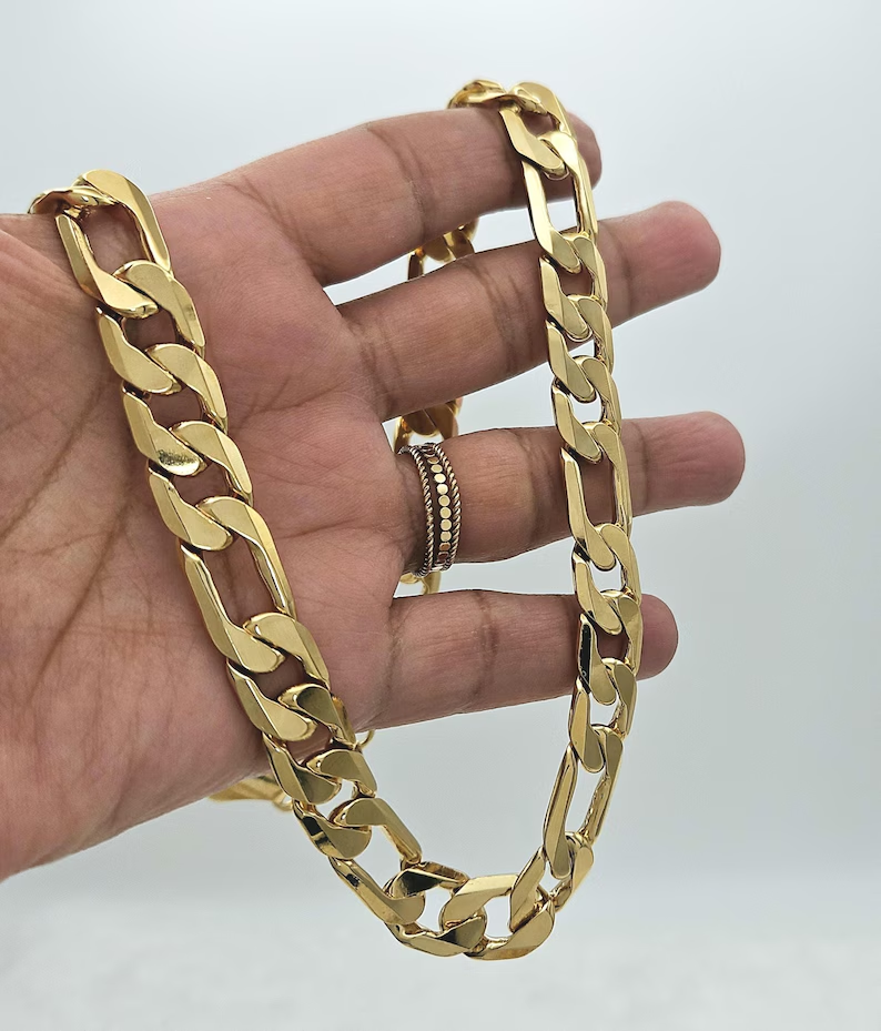 14k Gold Plated Large 12mm Flat Figaro Chain Necklace
